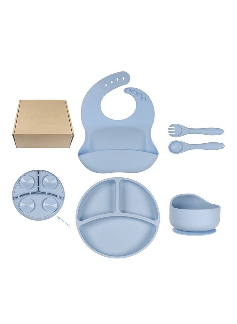 Children's Silicone Tableware Set Food Supplement Plate, Bowl, Fork, Spoon, Bib, 5-Piece Shatter-Resistant Meal Set