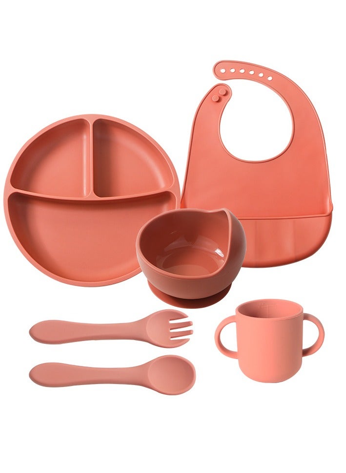 BPA Free 6PCS Silicone Children Feeding Tableware Sets with Baby Sucker Plate Bowl Bibs Spoon and Fork