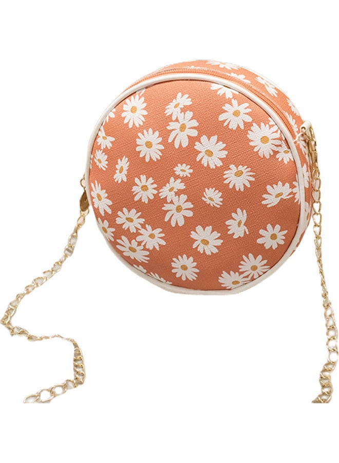 Women Stylish Zipper Marguerite Print Round Shoulder Bag Handbag Crossbody Pouch Orange