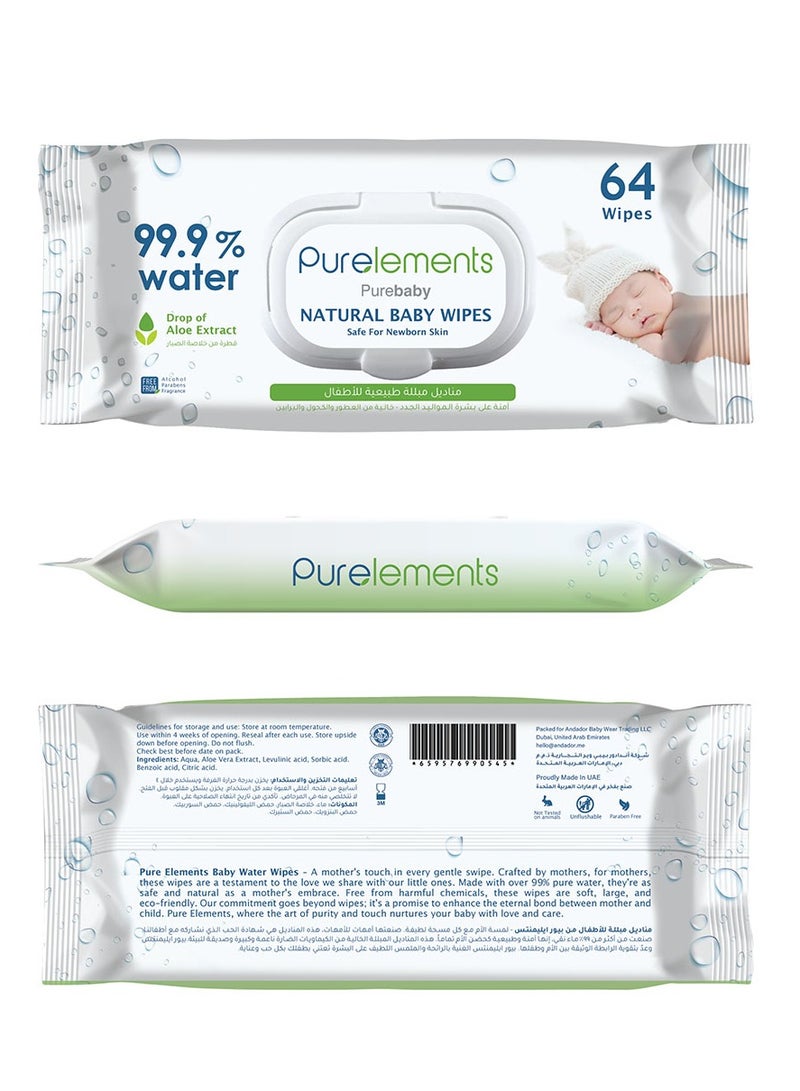 Purelements - Aloe Natural 99.9% Water Wipes - Pack of 12 - 768pcs