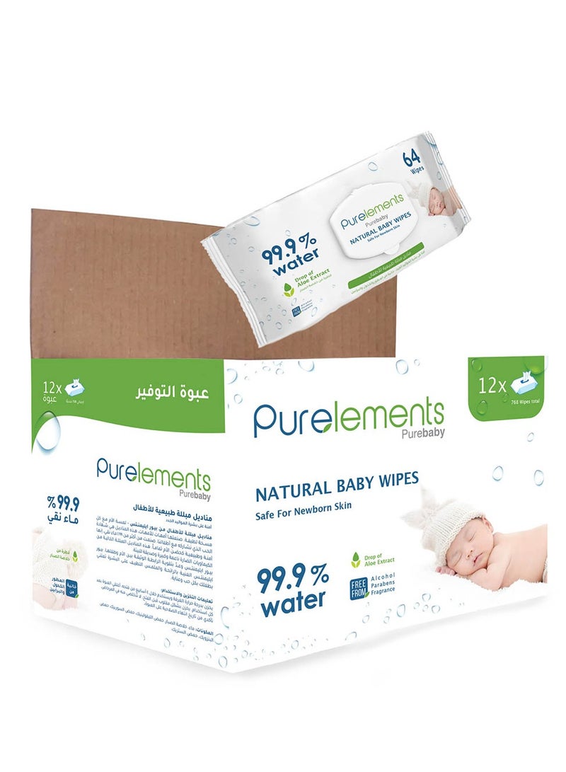 Purelements - Aloe Natural 99.9% Water Wipes - Pack of 12 - 768pcs