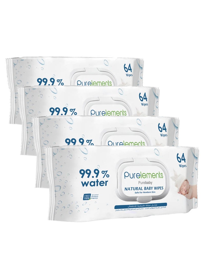 Purelements - Natural 99.9% Water Wipes - Pack of 4 - 256pcs