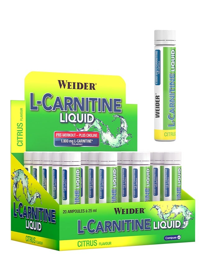 L-Carnitine liquid, Pre workout, Plus choline, 1.800 mg L-carnitine, 20 Ampoules x 25 ml, Citrus flavour