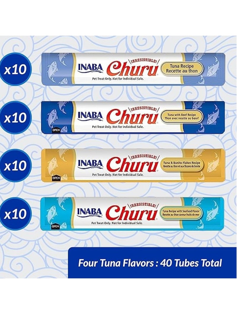 INABA, Churu, Cat Treats, Grain-Free, Lickable, Squeezable Creamy Purée Cat Treat, Topper with Vitamin E & Taurine, 0.5 Ounces Each Tube, 40 Tubes, Tuna Variety in 1 Box