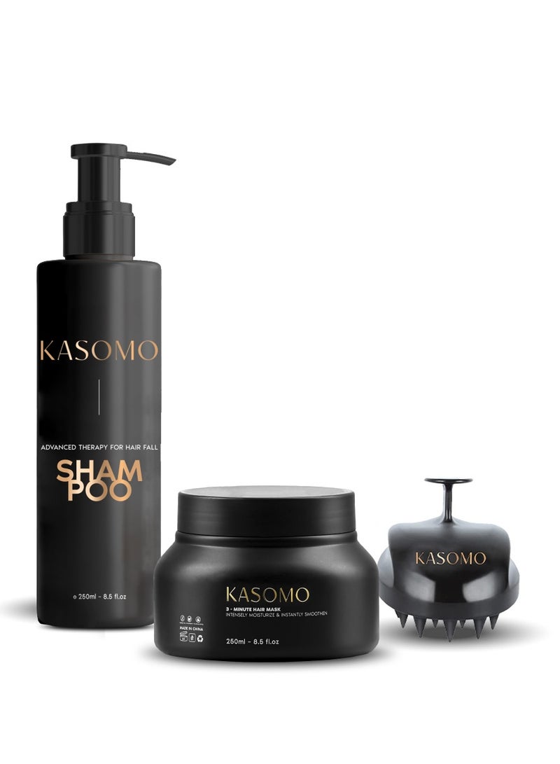 KASOMO Anti-Dandruff Shampoo 250 ml & Hair Dry Repair Mask 250ml with Scalp Massager, Deeply Moisturizing Nourishing Hair Stronger, Thicker and Healthier with Natural Ingredients