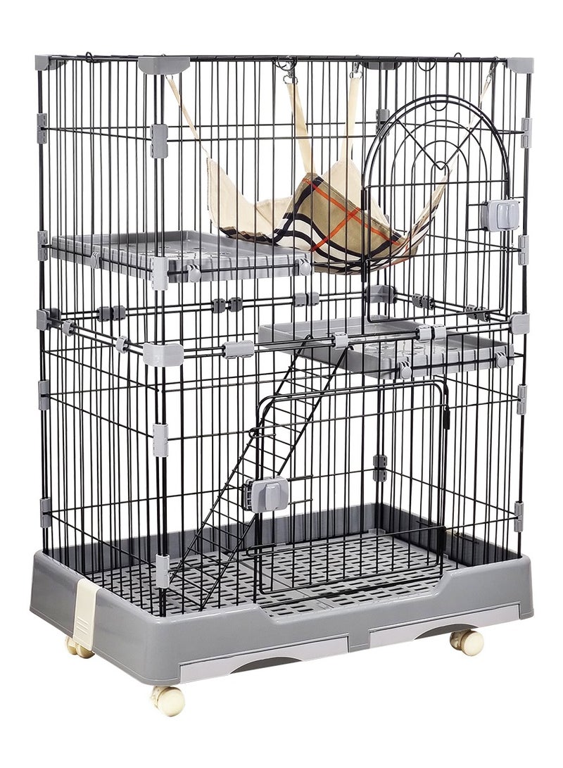 Cat cage with Hammock, 2 Platforms, Climbing ladder, Slide-out tray, and Lockable wheels, Durable and Sturdy pet cage playpen kennel for Indoor & Outdoor use 102 cm (Black)