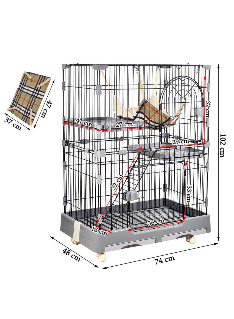 Cat cage with Hammock, 2 Platforms, Climbing ladder, Slide-out tray, and Lockable wheels, Durable and Sturdy pet cage playpen kennel for Indoor & Outdoor use 102 cm (Black)