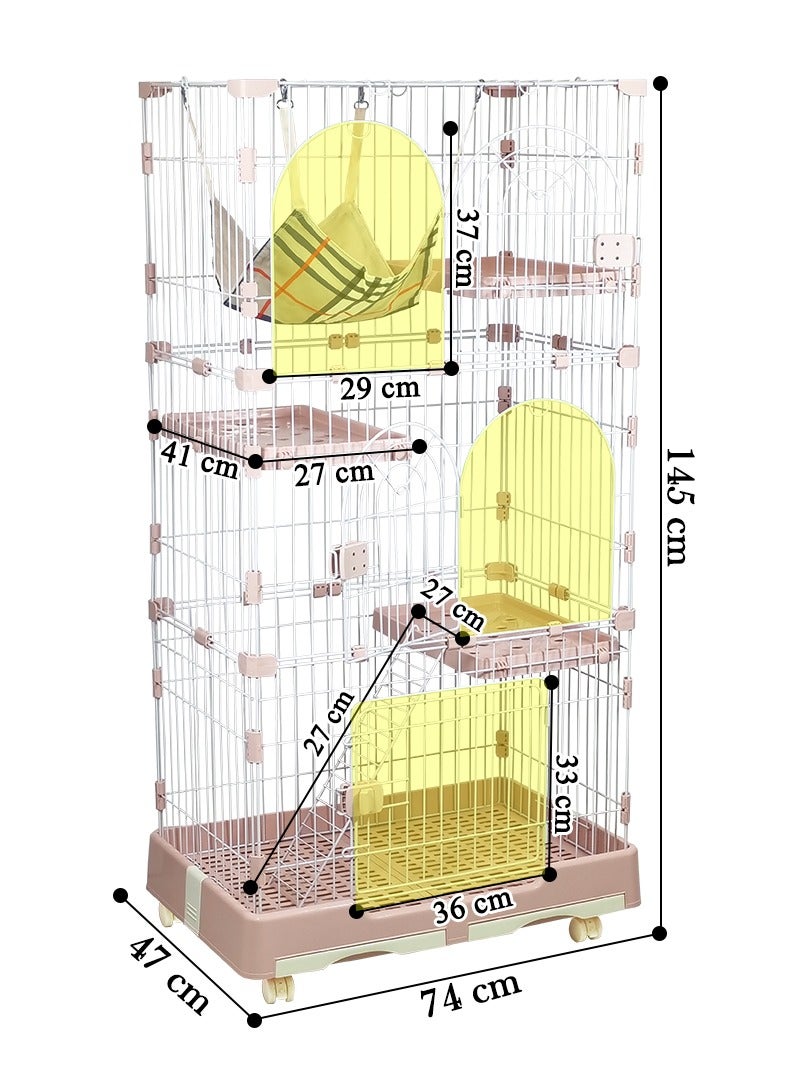 Cat cage with Hammock, Widened perch, Climbing ladder, Slide-out tray, and Universal wheels, Durable metal wire cat cage for Multiple indoor cats and kittens 145 cm (Pink)