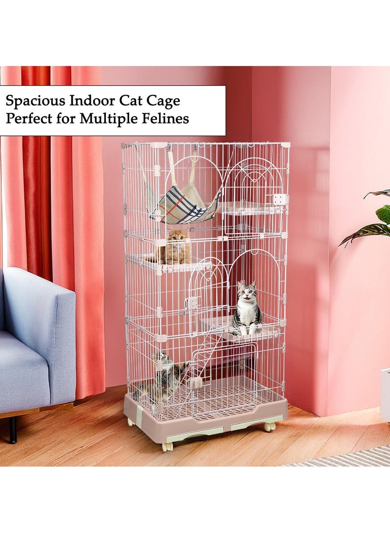 Cat cage with Hammock, Widened perch, Climbing ladder, Slide-out tray, and Universal wheels, Durable metal wire cat cage for Multiple indoor cats and kittens 145 cm (Pink)