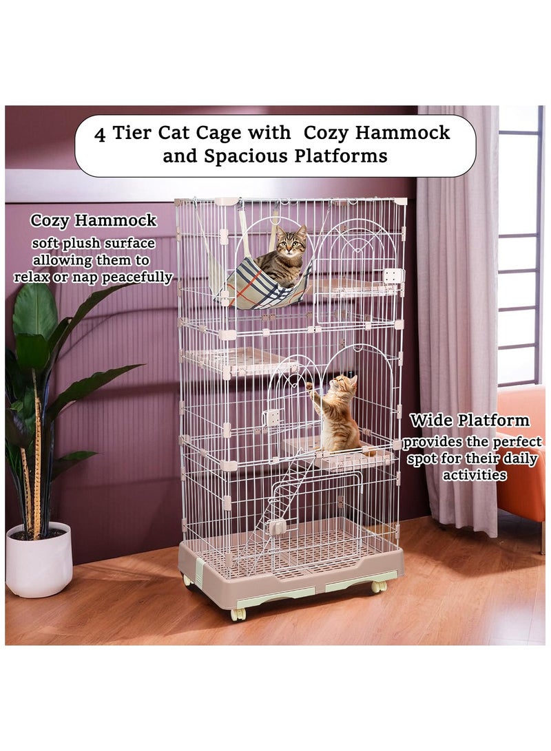 Cat cage with Hammock, Widened perch, Climbing ladder, Slide-out tray, and Universal wheels, Durable metal wire cat cage for Multiple indoor cats and kittens 145 cm (Pink)