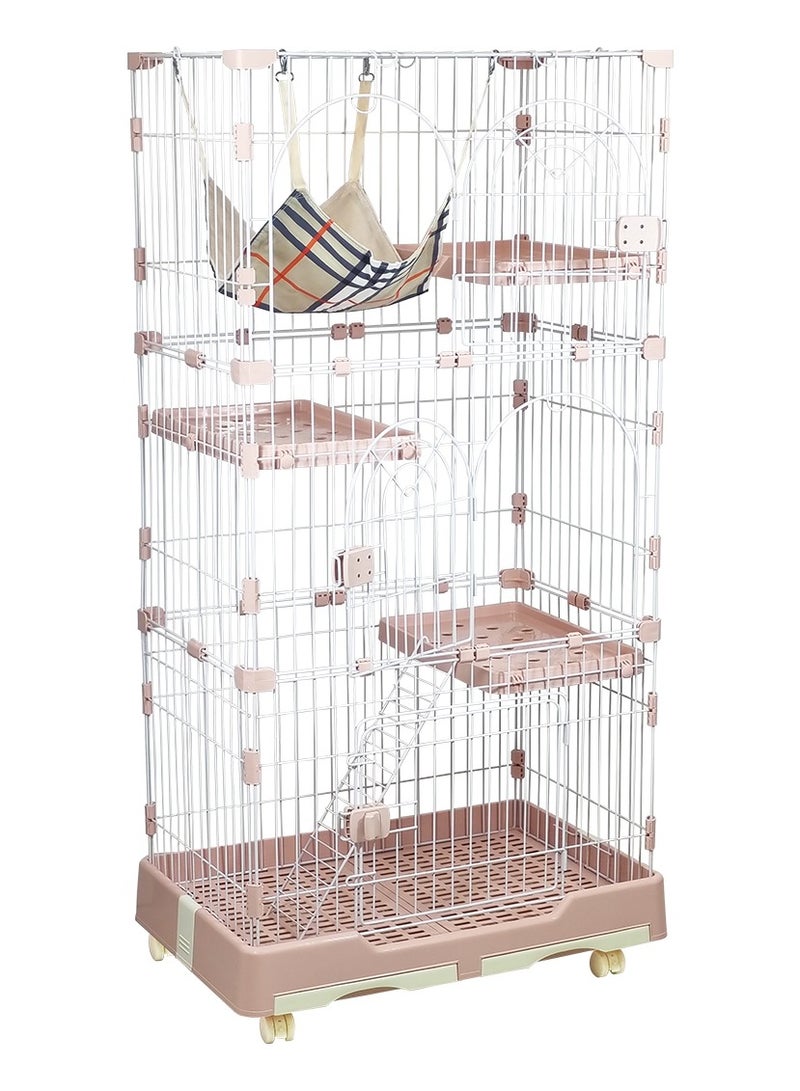 Cat cage with Hammock, Widened perch, Climbing ladder, Slide-out tray, and Universal wheels, Durable metal wire cat cage for Multiple indoor cats and kittens 145 cm (Pink)