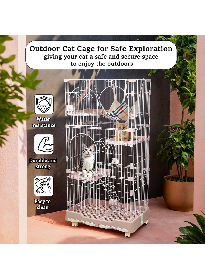 Cat cage with Hammock, Widened perch, Climbing ladder, Slide-out tray, and Universal wheels, Durable metal wire cat cage for Multiple indoor cats and kittens 145 cm (Pink)