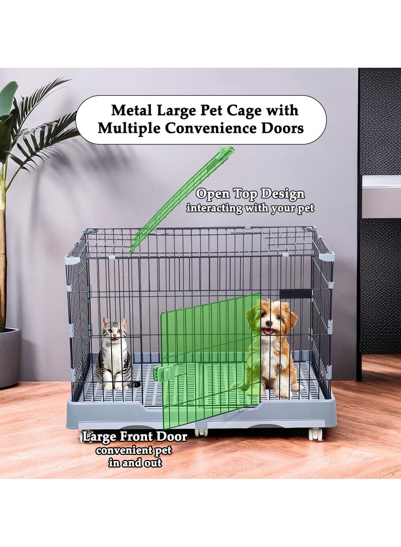 Pet cage playpen kennel for cats and dogs, Dog/Cat cage with Front entry and Top exit, Slide-out tray, and Universal wheels, Durable pet cage for Indoor & Outdoor, Easy to assemble 98 cm (Black)