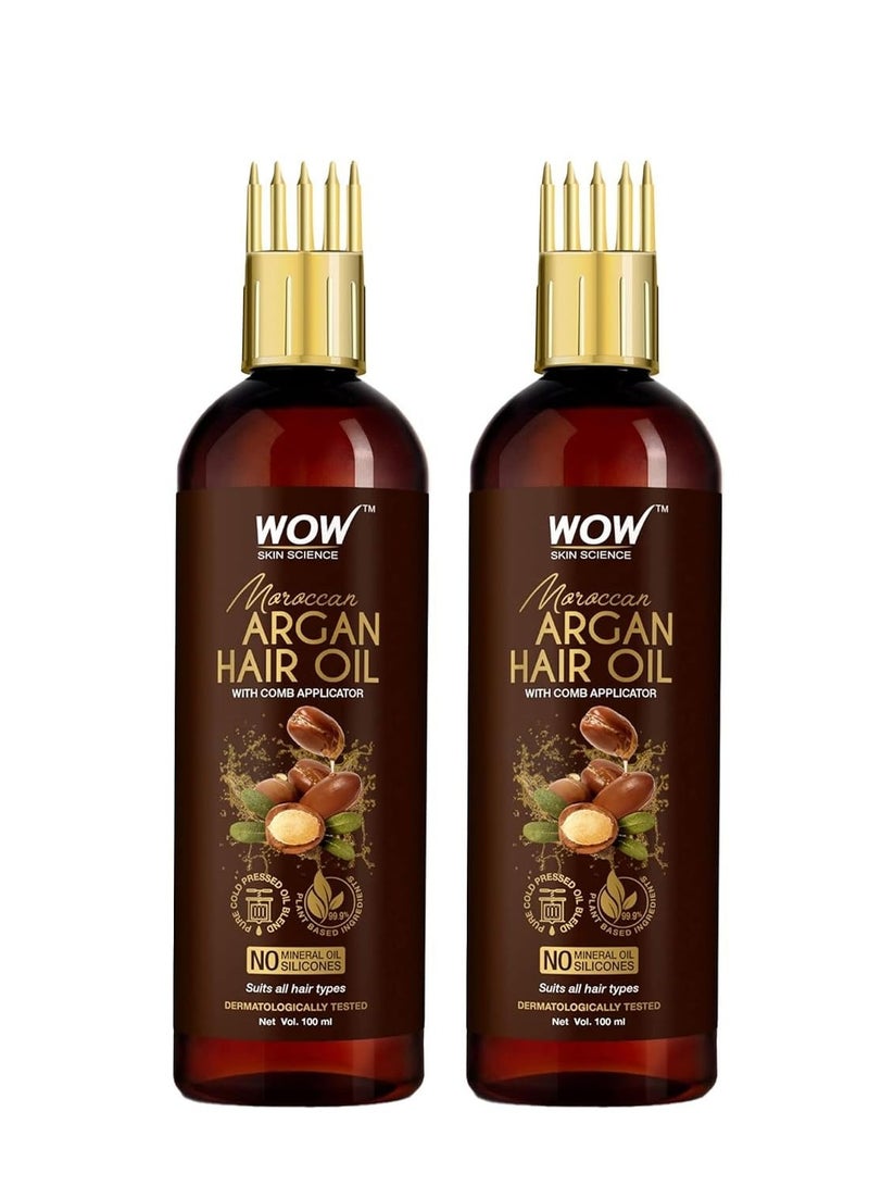 WOW Skin Science Moroccan Argan Hair Oil - WITH COMB APPLICATOR - Cold Pressed - No Mineral Oil & Silicones - 100mL|Pack of 2