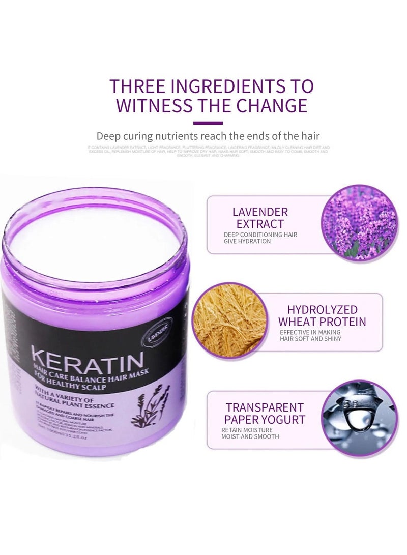 1000ml Keratin Hair Care Balance Hair Mask Rapidly Repairs and Nourish Damaged and Coarse Hair Natural Moisturizer Hydrating Smoothing Shining Strengthening Keratin Hair Mask Lavender