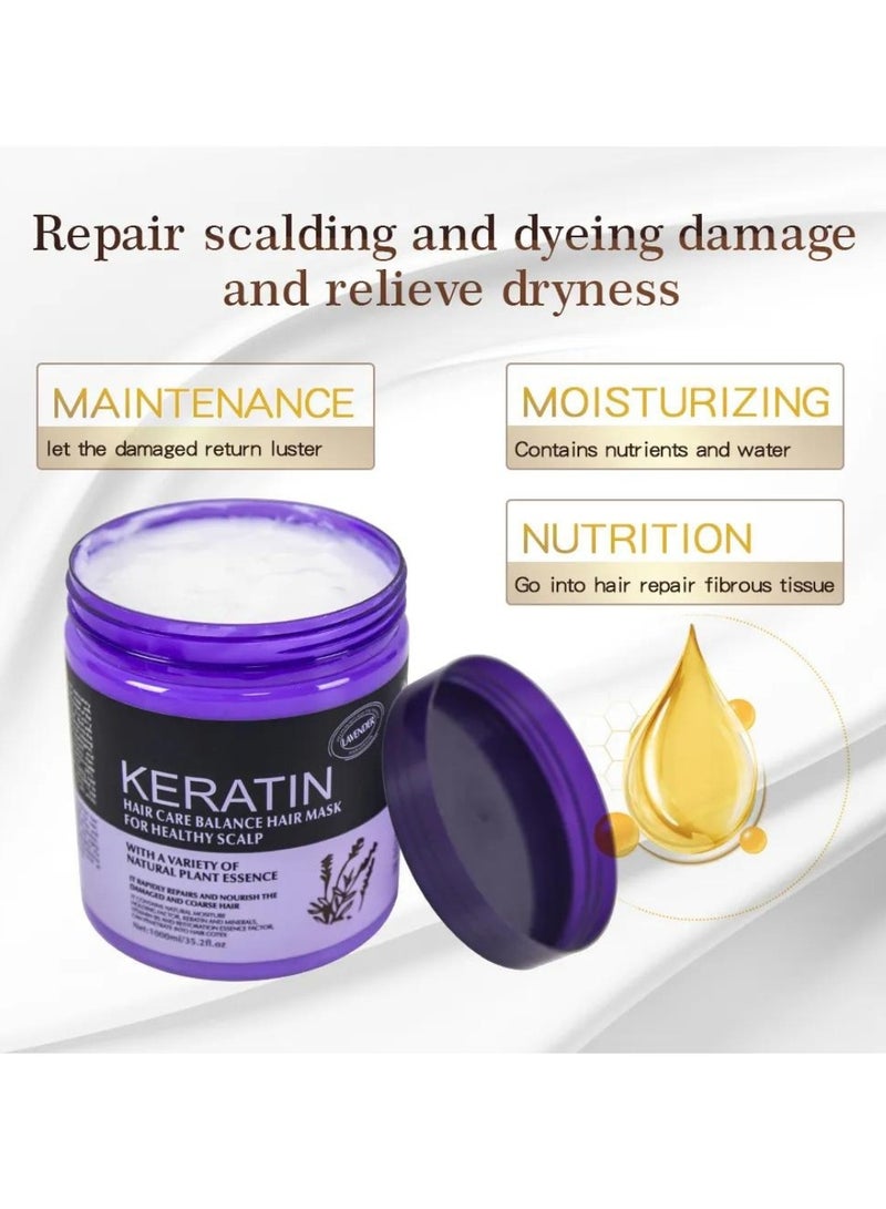 1000ml Keratin Hair Care Balance Hair Mask Rapidly Repairs and Nourish Damaged and Coarse Hair Natural Moisturizer Hydrating Smoothing Shining Strengthening Keratin Hair Mask Lavender