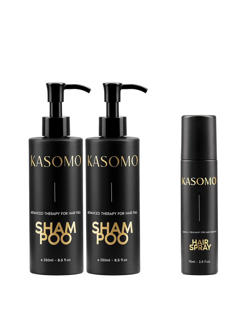 KASOMO 2PCS Anti Hair Loss Shampoo 250ml + Hair Regrowth Spray 75ml, Prevent Hair Fall, Support Hair Grow Thicker and Healthier For Men and Women (Pack of 3)