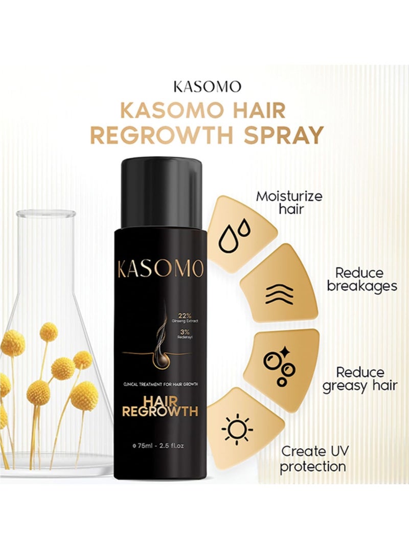 KASOMO 2PCS Anti Hair Loss Shampoo 250ml + Hair Regrowth Spray 75ml, Prevent Hair Fall, Support Hair Grow Thicker and Healthier For Men and Women (Pack of 3)