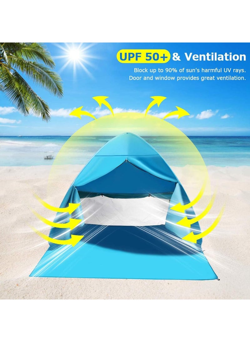 Protable Beach Tent,Pop Up Baby Beach Tent,Beach Sun Shade Canopy Cabana Beach Shade,UPF 50+ Automatic Sun Shelter Umbrella,Instant Sun Shade Beach Tents,Fit 3-4 Person with Carry Bag(Blue)