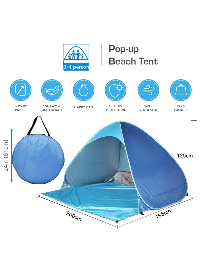 Protable Beach Tent,Pop Up Baby Beach Tent,Beach Sun Shade Canopy Cabana Beach Shade,UPF 50+ Automatic Sun Shelter Umbrella,Instant Sun Shade Beach Tents,Fit 3-4 Person with Carry Bag(Blue)