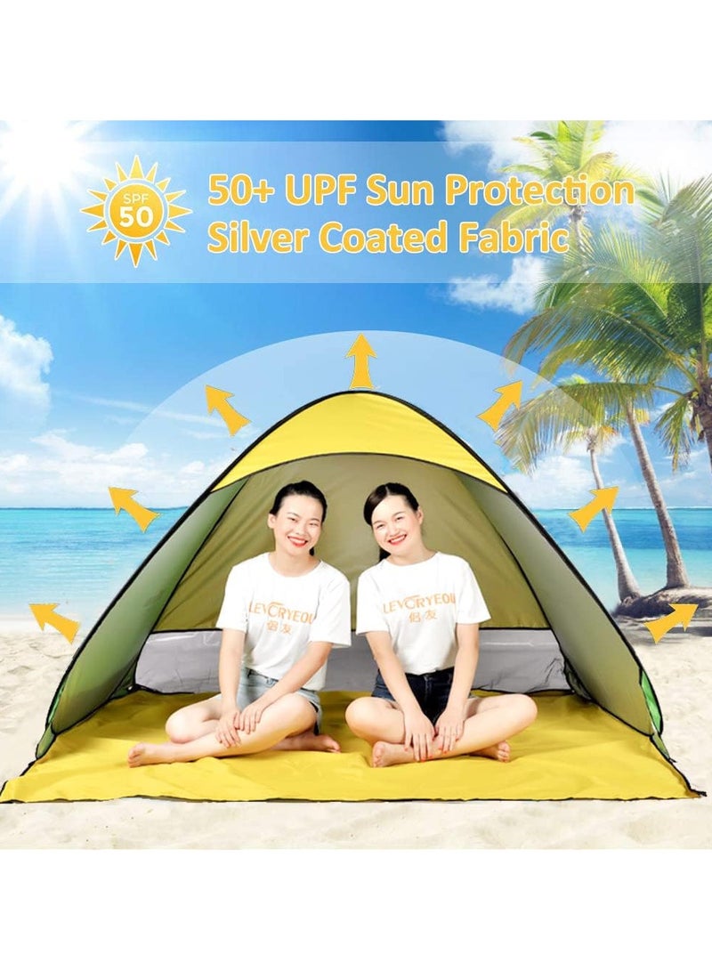 Protable Beach Tent,Pop Up Baby Beach Tent,Beach Sun Shade Canopy Cabana Beach Shade,UPF 50+ Automatic Sun Shelter Umbrella,Instant Sun Shade Beach Tents,Fit 3-4 Person with Carry Bag (Yellow)