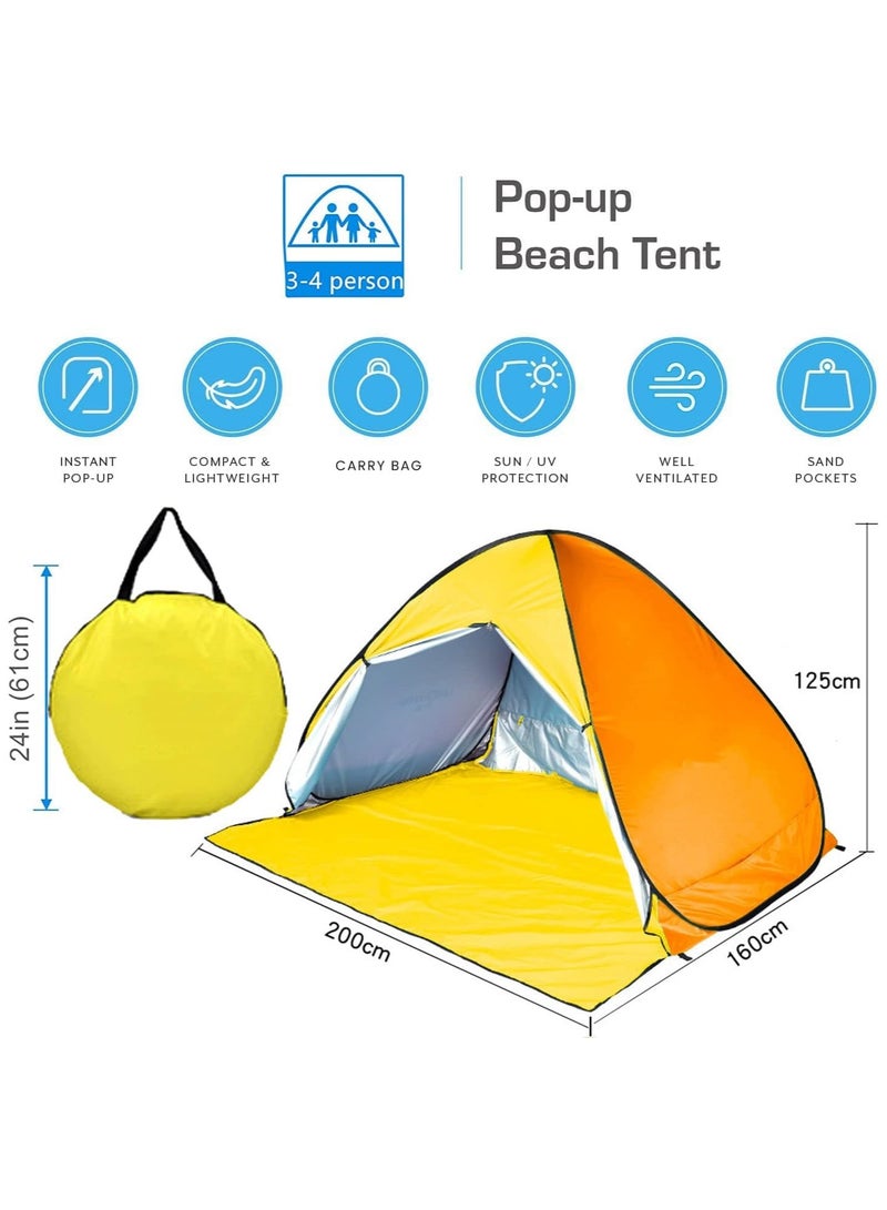 Protable Beach Tent,Pop Up Baby Beach Tent,Beach Sun Shade Canopy Cabana Beach Shade,UPF 50+ Automatic Sun Shelter Umbrella,Instant Sun Shade Beach Tents,Fit 3-4 Person with Carry Bag (Yellow)