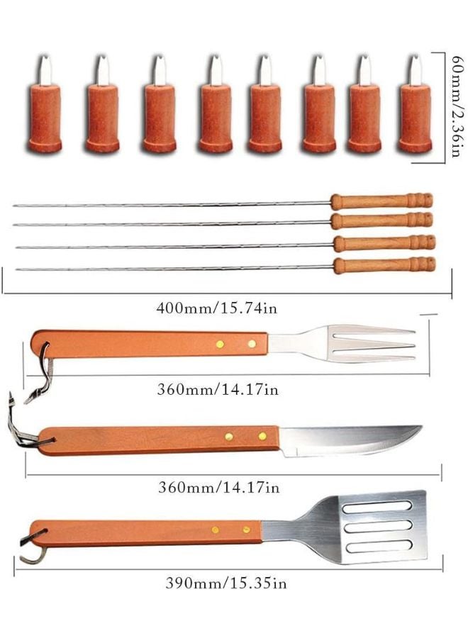 18PCS Outdoor Camping BBQ Tools Set, Wooden Handle Fork Spatula Clip BBQ Accessories, Stainless Steel Grill Set