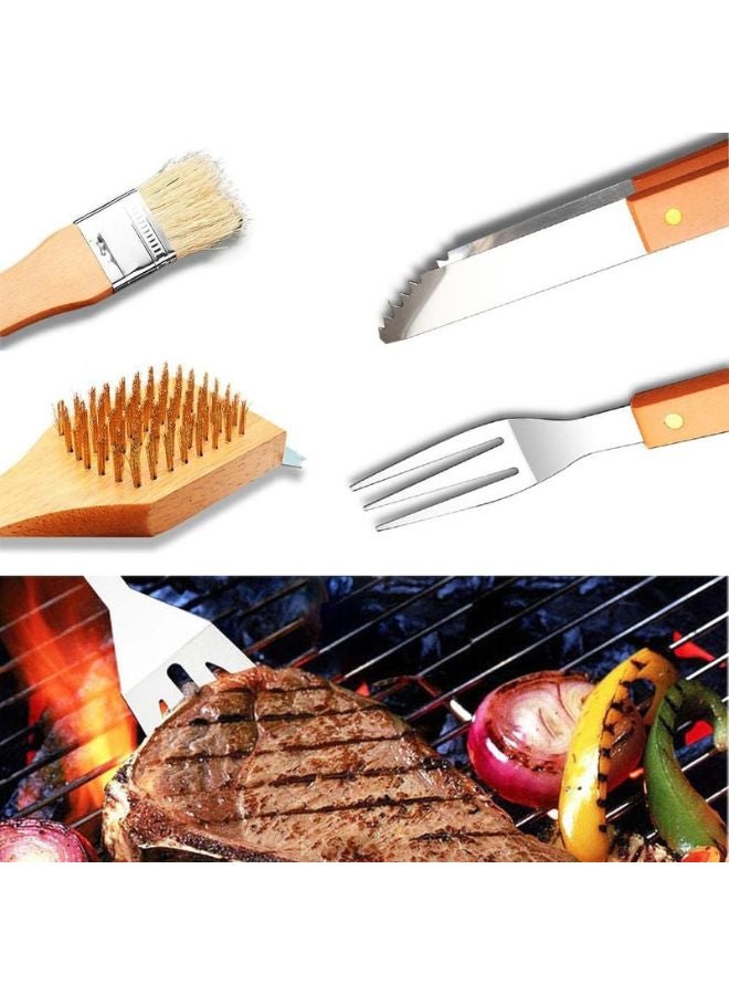 18PCS Outdoor Camping BBQ Tools Set, Wooden Handle Fork Spatula Clip BBQ Accessories, Stainless Steel Grill Set