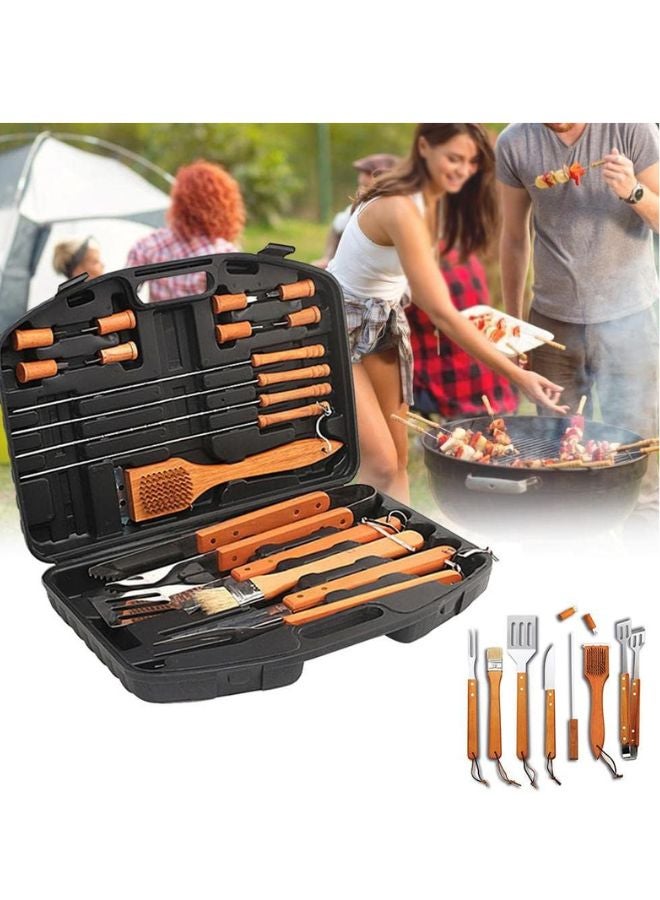 18PCS Outdoor Camping BBQ Tools Set, Wooden Handle Fork Spatula Clip BBQ Accessories, Stainless Steel Grill Set