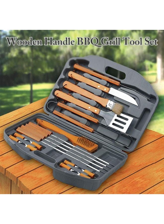 18PCS Outdoor Camping BBQ Tools Set, Wooden Handle Fork Spatula Clip BBQ Accessories, Stainless Steel Grill Set