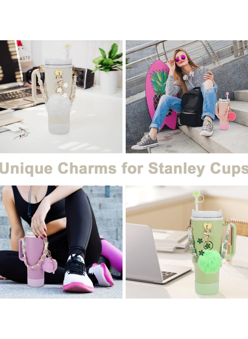 Stanley Cup Accessories Set, Including Water Bottle Handle Strap, Siliocne Stanley Cup Boot, Siliocne Straw Cover, Stanley Charms for Stanley Cup 40oz & 30oz Tumbler,White