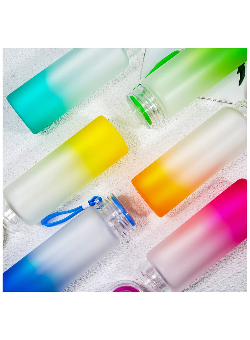16oz Sublimation Glass Cups, 6 Pack Color Frosted Sublimation Glass Tumblers with Colored Carrying Handle Lids, 6 Color Gradient Glasses, Suitable for Cold or Cot Drinks, Easy to Carry