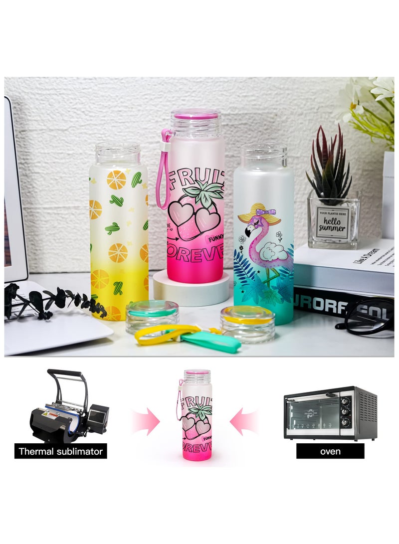 16oz Sublimation Glass Cups, 6 Pack Color Frosted Sublimation Glass Tumblers with Colored Carrying Handle Lids, 6 Color Gradient Glasses, Suitable for Cold or Cot Drinks, Easy to Carry