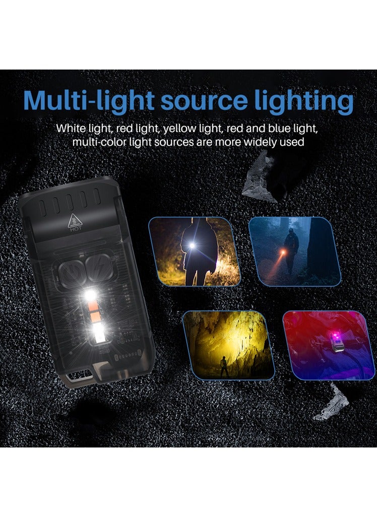 V15 LED Keychain EDC Fluorescence Flashlight Clip Warm Work Light Type-C Rechargeable Torch Magnet Camping Pocket Lantern (Black)