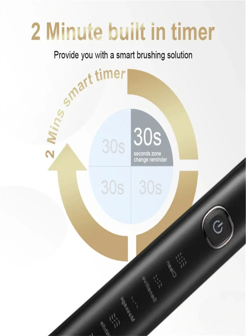 Smart sonic electric toothbrush, IPX7 waterproof rechargeable toothbrush, 5 modes smart time whitening toothbrush Sarmocare S100 （Black）