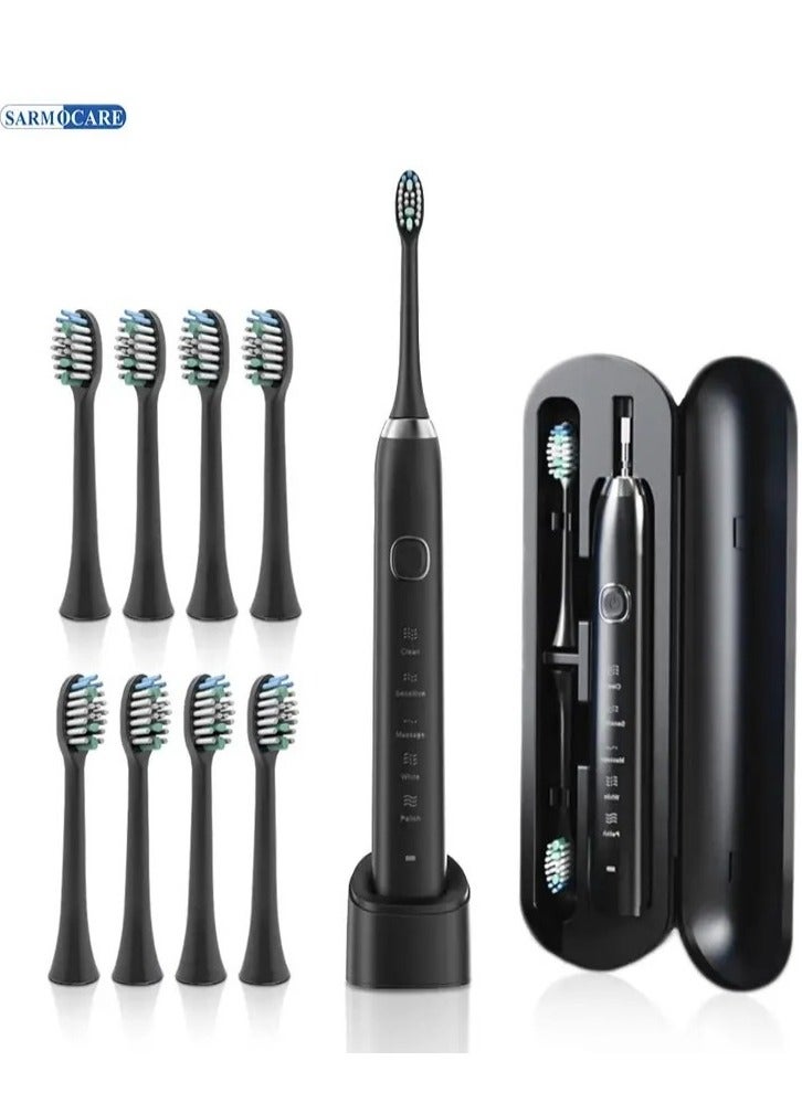 Smart sonic electric toothbrush, IPX7 waterproof rechargeable toothbrush, 5 modes smart time whitening toothbrush Sarmocare S100 （Black）