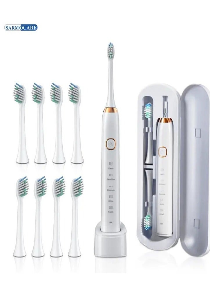 Smart sonic electric toothbrush, IPX7 waterproof rechargeable toothbrush, 5 modes smart time whitening toothbrush Sarmocare S100 （White）