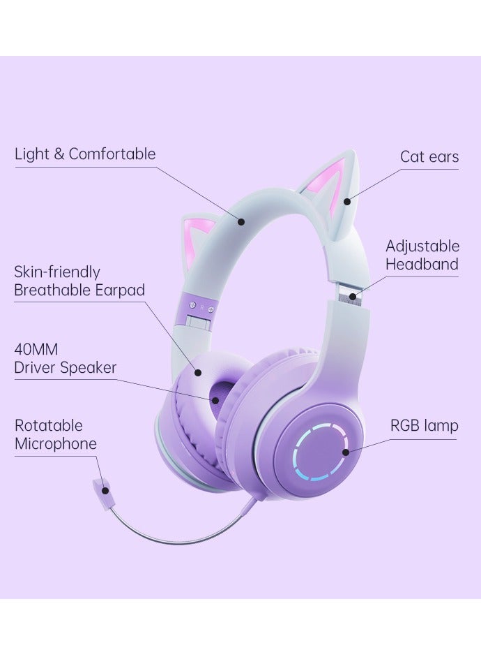 BT029C Lovely Cat Ear Headphones Bluetooth 5.1 Wireless with Mic Earphones, Over-ear Music Helmets RGB Stereo Headset Gamer/Girl/Kids Gift