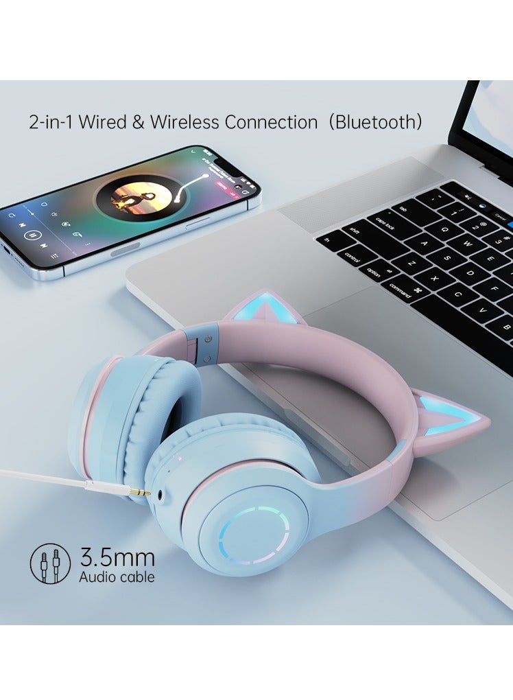 BT029C Lovely Cat Ear Headphones Bluetooth 5.1 Wireless with Mic Earphones, Over-ear Music Helmets RGB Stereo Headset Gamer/Girl/Kids Gift