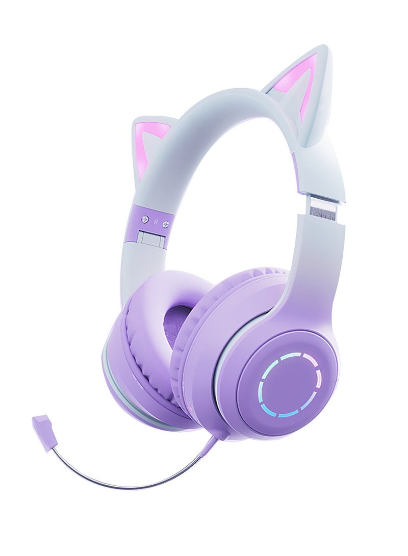 BT029C Lovely Cat Ear Headphones Bluetooth 5.1 Wireless with Mic Earphones, Over-ear Music Helmets RGB Stereo Headset Gamer/Girl/Kids Gift