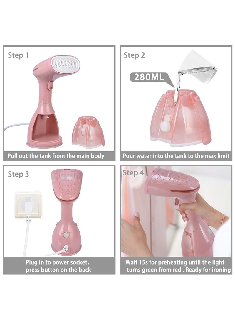 Clothes Steamer, Handheld Garment Steamer 1500W 280ml Travel Steam Vertical Strong Steam Iron Auto Cut-Off Powerful For Home, Office & Travel (Pink)