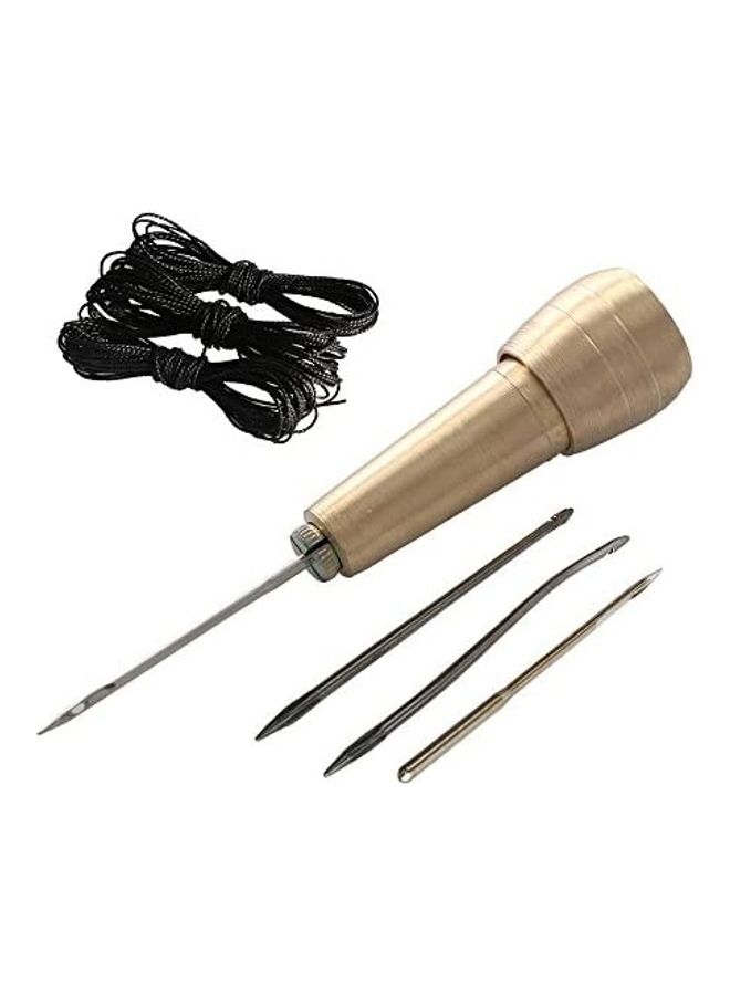 4 Piece Copper Handle Sewing Awl Shoe Repair Tool With 9M Nylon Cord Thread Gold 2.95inch