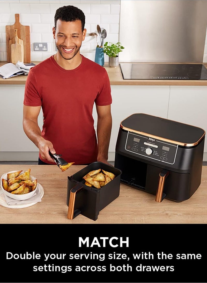 Ninja Foodi Dual Zone Air Fryer MAX + Tongs, 9.5 L, 2470 W, 2 Drawers, 8 Portions, 6-in-1, Air Fry, Roast, Bake, Nonstick, Dishwasher Safe Baskets