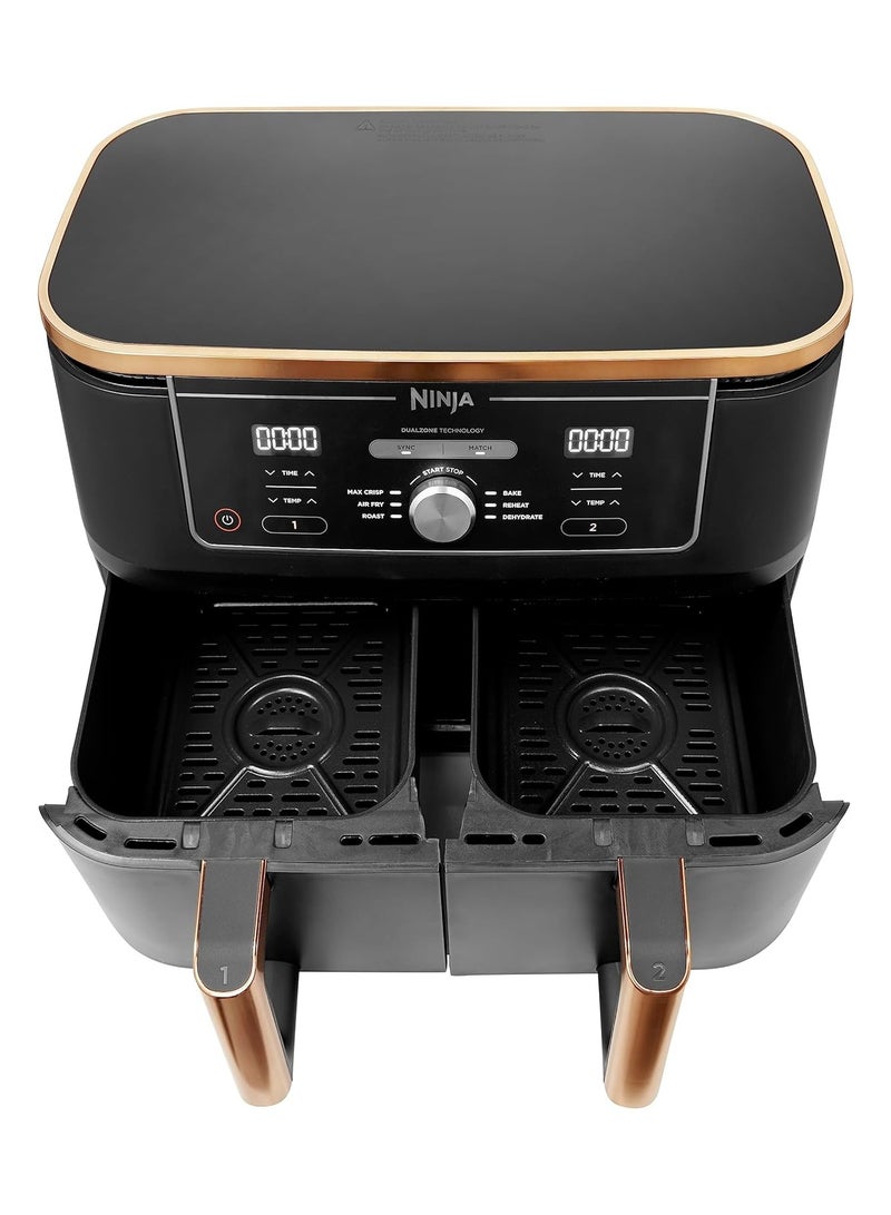 Ninja Foodi Dual Zone Air Fryer MAX + Tongs, 9.5 L, 2470 W, 2 Drawers, 8 Portions, 6-in-1, Air Fry, Roast, Bake, Nonstick, Dishwasher Safe Baskets