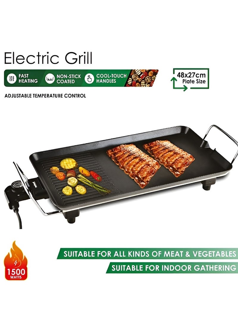 Electric Grill for BBQ & Roast, Fast Heating, Non-Stick Coating, Cool-Touch Handles, Adjustable Temperature for Meat & Vegetables, Ideal for Family Occasions & Indoor Gatherings