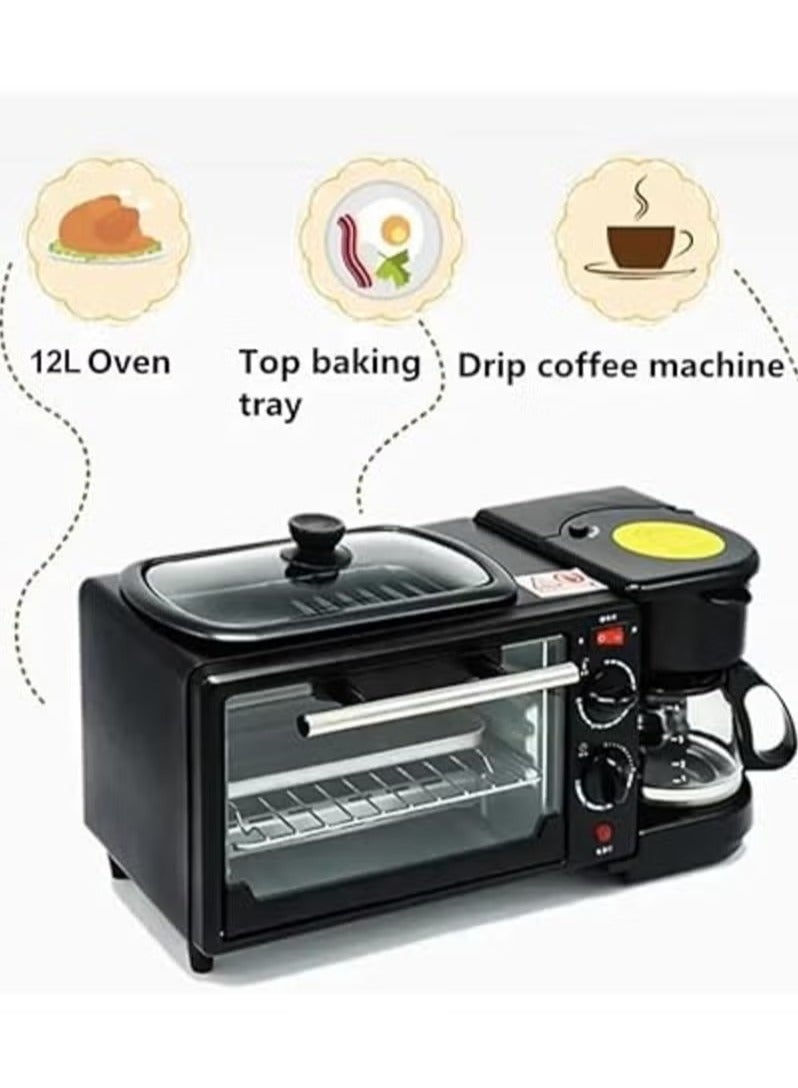 3 in-1 Multifunctional Breakfast Maker: 1250W with Drip Coffee Machine, Oven, and Top Tray for Frying and Warming