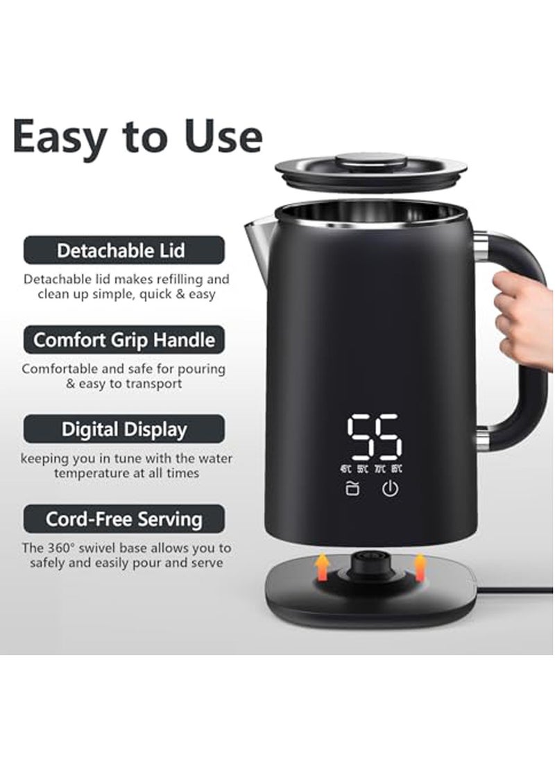 Electric Kettle 1.7L, Adjustable Temperature 45℃-100℃, Small Electric Kettle Auto Power Off, Stainless Steel, 360° Rotating Base, 1500W, Black