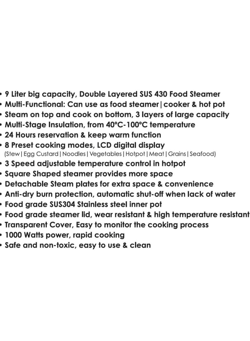 Food Dehydrator Machine 9L Capacity, 2 Trays, Digital Timer & Temperature Control, 8 Preset Functions, 24-Hour Reservation, 3 Adjustable Temps, 1000W Power with Auto Shut Off for Fruit, Vegetables, Meat & Beef Steamer