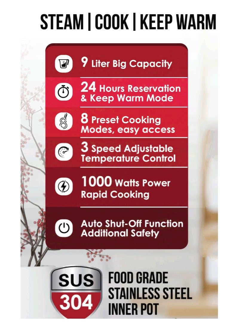 Food Dehydrator Machine 9L Capacity, 2 Trays, Digital Timer & Temperature Control, 8 Preset Functions, 24-Hour Reservation, 3 Adjustable Temps, 1000W Power with Auto Shut Off for Fruit, Vegetables, Meat & Beef