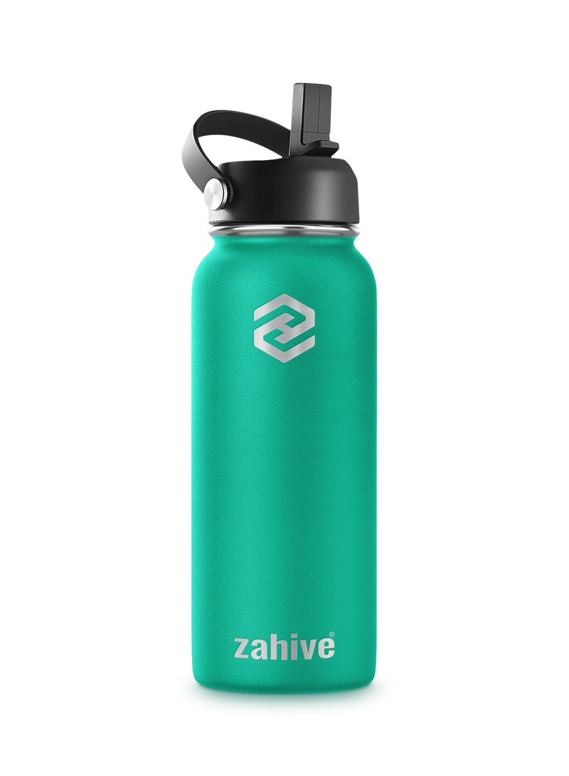 Stainless Steel Insulated Water Bottle with Straw with 3 Lids and Bag 1000 ml, Double Wall Thermos for Hot and Cold Water for Gym and Work, Wide Mouth, Leak Proof, 1 Liter, Sea Green